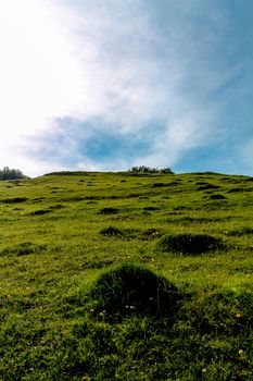 A view up a grass slope to a bright summit