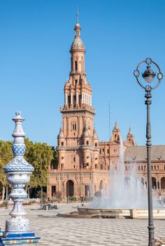 Tower of the Plaza de Espana in Seville in Spain.  It is a landmark example of the Renaissance Revival style in Spanish architecture.