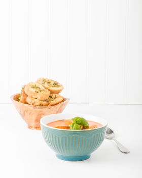 Creamy tomato basil soup with crostini.  Useful for many food service marketing applications.