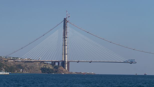 Construction of Yavuz Sultan Selim Bridge over Bosphorus Strait in North of Istanbul, Turkey