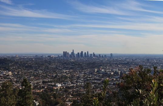 Los Angeles skyline at sunset from the Griffith Observatory in Southern California, United States.