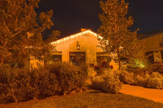 Cottage with Christmas lights in Laguna Beach, California.