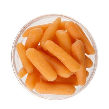 Healthy carrot stick snacks in bowl isolated on a white background.