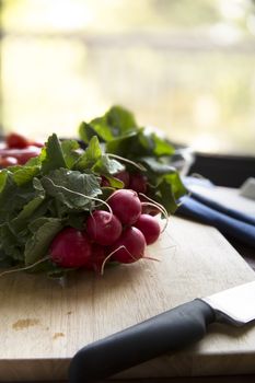 Bunch of whole radishes on cutting board with a knife, vertical orientation