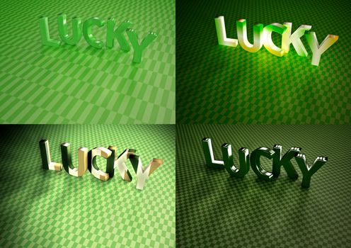 Set of pictures dimensional inscriptions of LUCKY on green background.