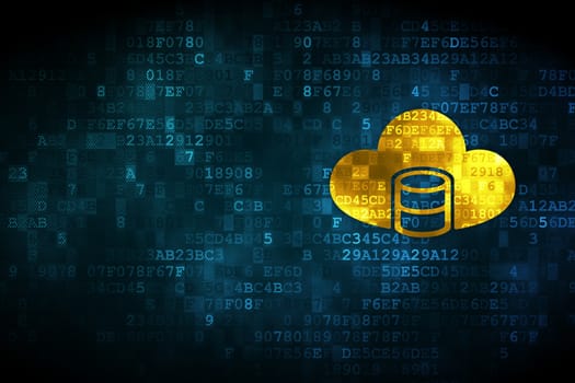 Cloud networking concept: pixelated Database With Cloud icon on digital background, empty copyspace for card, text, advertising