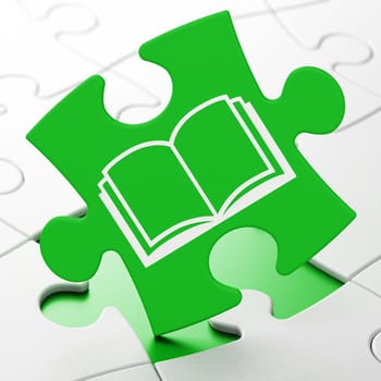 Science concept: Book on Green puzzle pieces background, 3d render