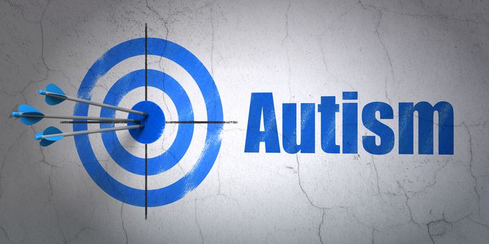 Success Health concept: arrows hitting the center of target, Blue Autism on wall background