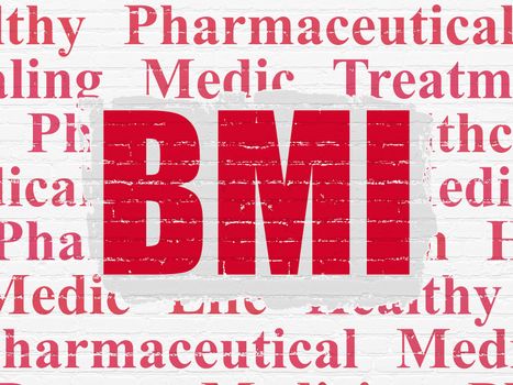 Healthcare concept: Painted red text BMI on White Brick wall background with  Tag Cloud