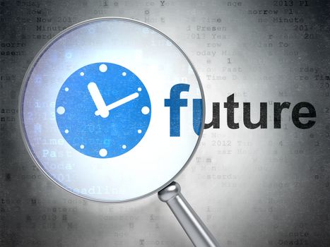 Time concept: magnifying optical glass with Clock icon and Future word on digital background