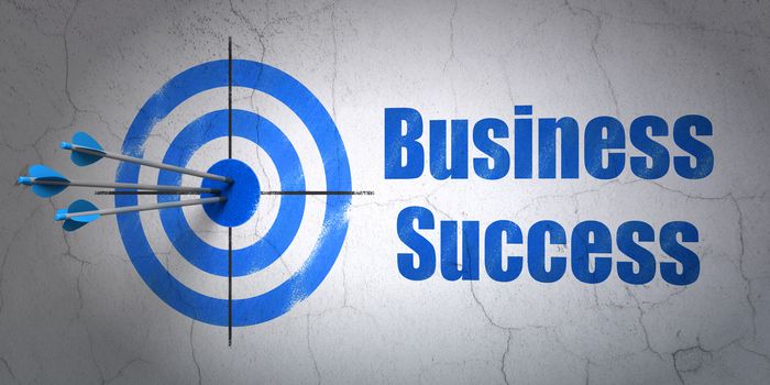 Success business concept: arrows hitting the center of target, Blue Business Success on wall background