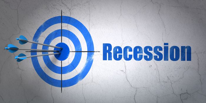 Success business concept: arrows hitting the center of target, Blue Recession on wall background