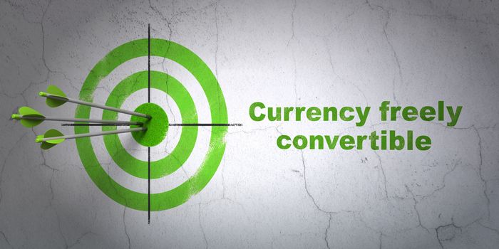 Success currency concept: arrows hitting the center of target, Green Currency freely Convertible on wall background