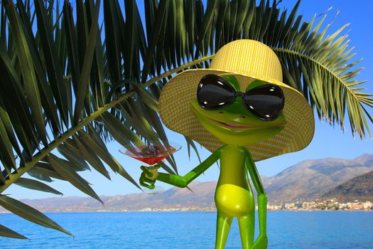 Illustration green frog on the beach with a glass
http://photodune.net/item/green-palm-against-the-blue-sky-and-sea/5821323?s_rank=68