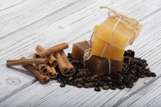 handmade coffee scented soap on wooden background