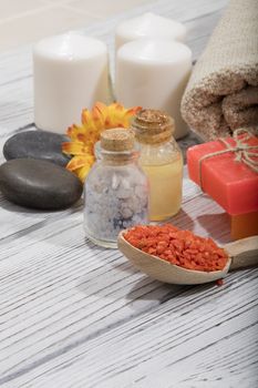 composition of spa treatment on the wooden table
