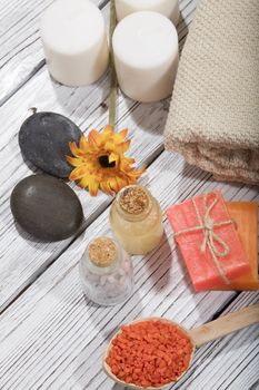 composition of spa treatment on the wooden table