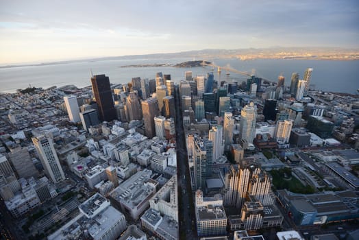 an aerial view of downtown san francisco during sunset