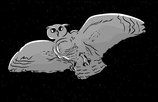 Low angle view illustration of owl with widespread wings flying at night