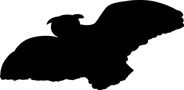 Low angle silhouette view illustration of owl with widespread wings flying in the air