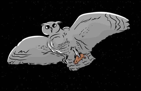 Rat stuck in the talons of owl on the hunt at night with stars in background