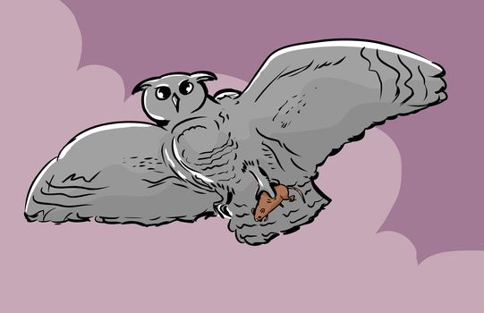 Low angle view illustration of owl with widespread wings and rat caught in talons