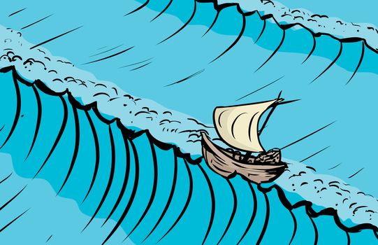 Boat on crest of tall ocean waves as sketched background illustration