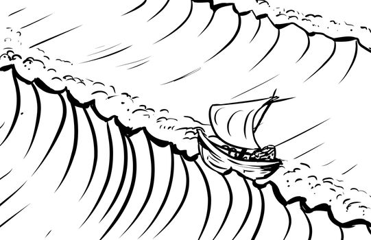 Outlined ship riding tidal waves in deep ocean