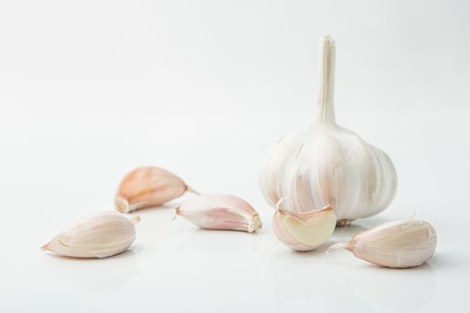 many cloves of garlic on white background