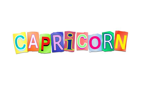 Illustration depicting a set of cut out printed letters arranged to form the word capricorn.