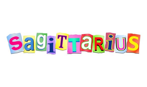 Illustration depicting a set of cut out printed letters arranged to form the word sagittarius.