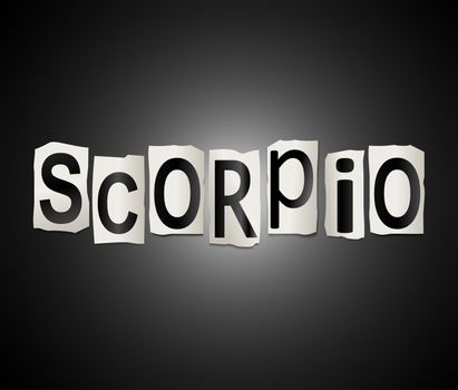 Illustration depicting a set of cut out printed letters arranged to form the word scorpio.