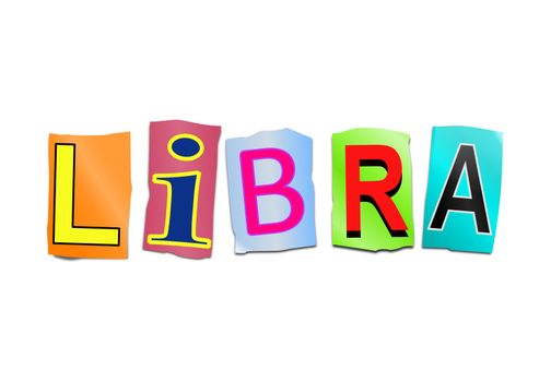 Illustration depicting a set of cut out printed letters arranged to form the word Libra.