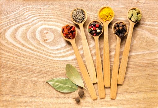 A set of several spices in wooden spoons on wooden table. In the set has a mixture of different peppers, allspice, turmeric, clove, cumin, cardamom, paprika, Bay leaf. Top view.