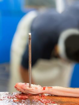 close up japanese sea eel on cutting board