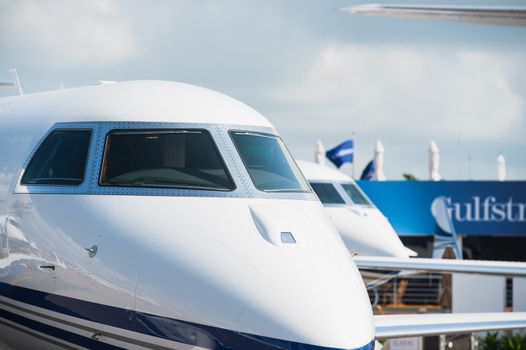 Singapore - February 14, 2016: Front of Gulfstream G280 executive jet on display during Singapore Airshow at Changi Exhibition Centre in Singapore.