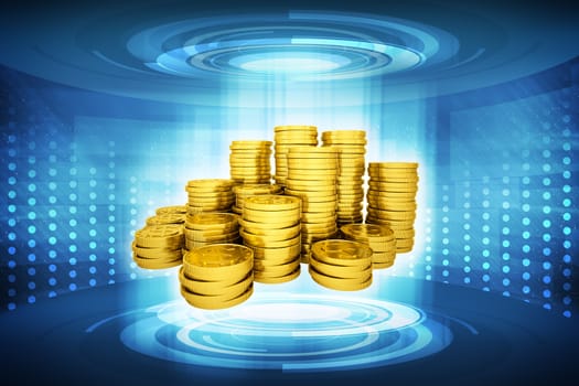 Stack of coins on abstract blue background, money concept