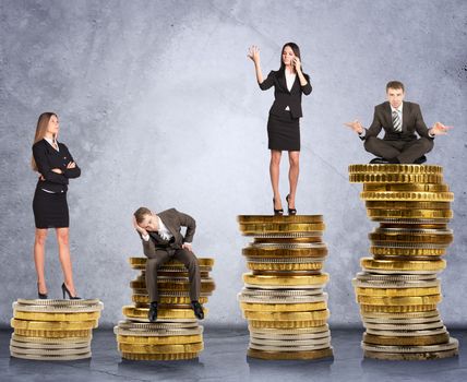Business people doing different things on coins on grey wall background, business concept