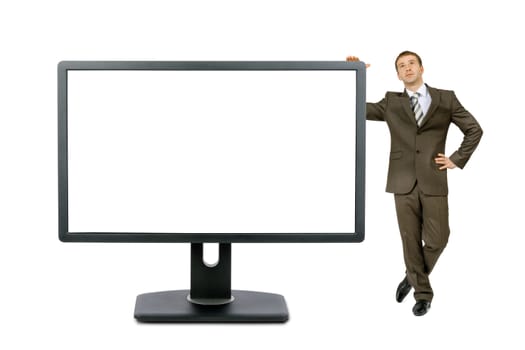 Businessman near big monitor with blank screen isolated on white background, technology concept
