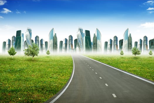 Highway road with city and blue sky, business concept