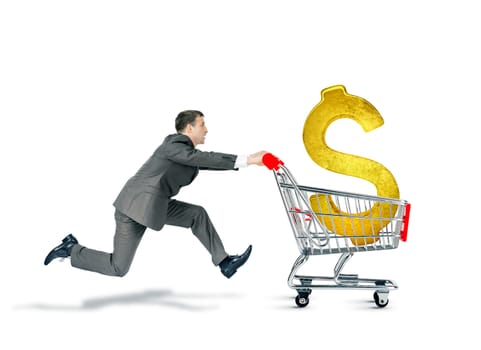 Businessman pushing shopping cart with dollar sign isolated on white background