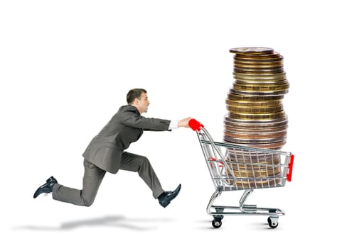 Businessman pushing shopping cart with coins isolated on white background