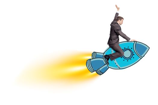 Businessman riding blue rocket isolated on white background