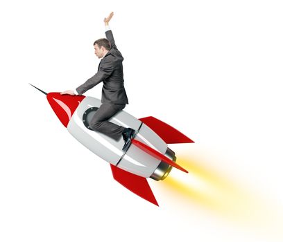 Businessman riding red rocket isolated on white background