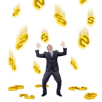 Dollar sign falling on businessman isolated on white background, business concept