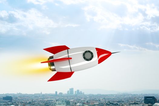 Space rocket flying above city, outdoor concept