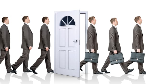 Line of businessmen going through door, business concept
