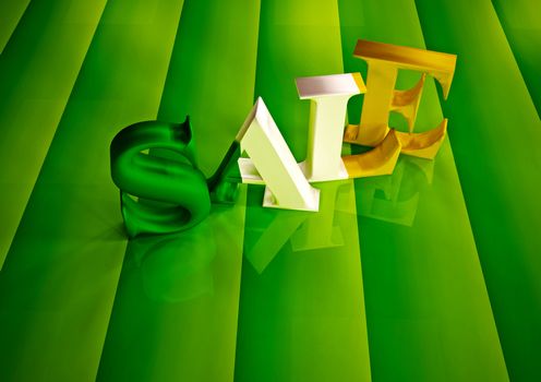 The dimensional word sale on a green background