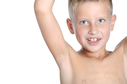 photo of young muscular posing naked torso holding raised hands and arms up isolated over white background