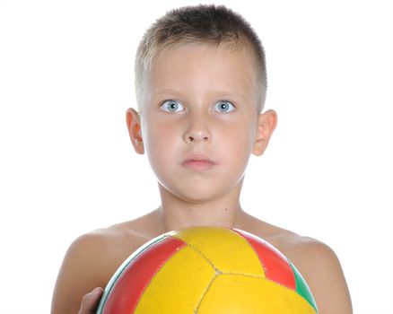 little cute boy playing football ball isolated on white close up on white catching